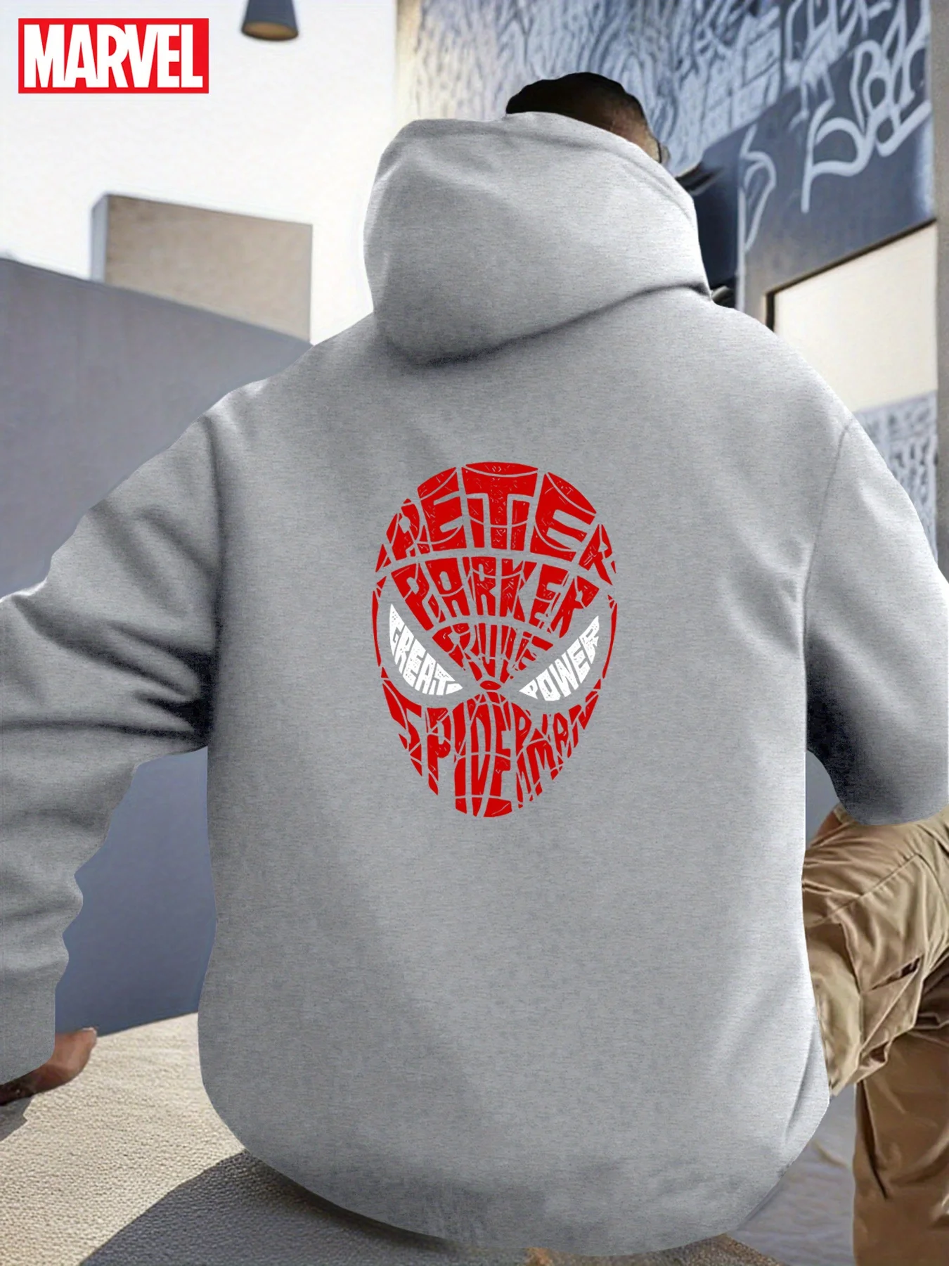 سويت شيرت بغطاء للرأس برسومات Spider-Man للرجال - طباعة قناع البطل الخارق مرخص رسميًا مع نص بيتر باركر وجيب الكنغر