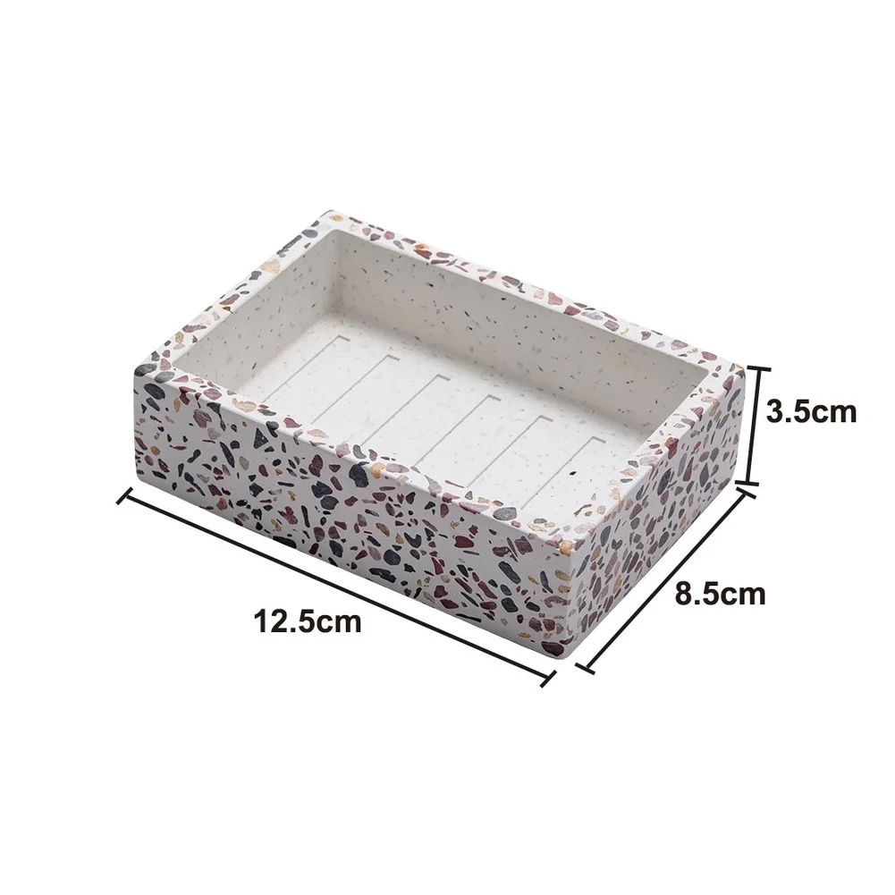 Nordic Terrazzo Resin Soap Dish with Built in Drainage Slots for Bathroom Kitchen Sink Sponge Holder 12.5x8.5x3.5cm