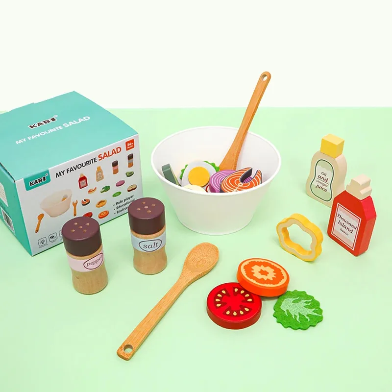 TEMIKIDS Wooden Kitchen Pretend Play Toys Simulation Food Accessories Pizza Salad Dessert Set Educational Toy for Toddler 3+