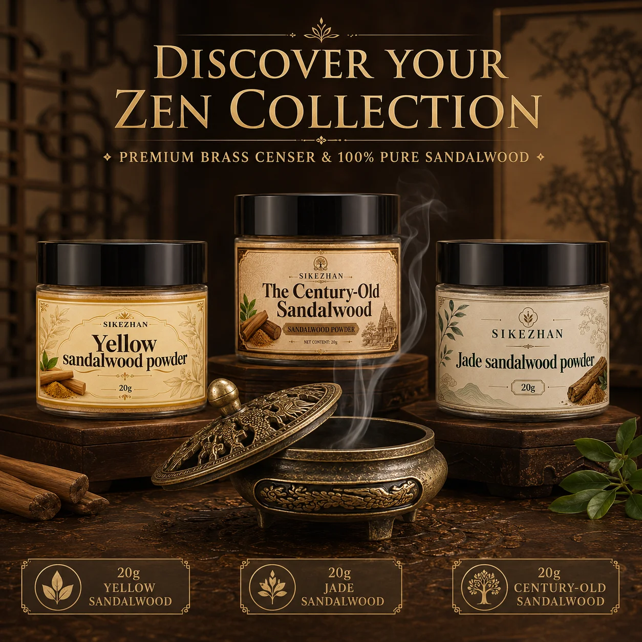 100% Pure Sandalwood Incense Powder 20g Kit Vintage Brass Burner Antique Dragon Censer For Zen Yoga Meditation Home Aromatherapy