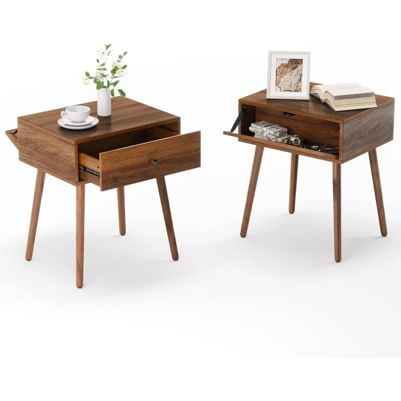 

Набор из 2 прикроватных тумбочек со скрытым отделением, прикроватный столик середины века с выдвижным ящиком, прихованный столик для хранения вещей