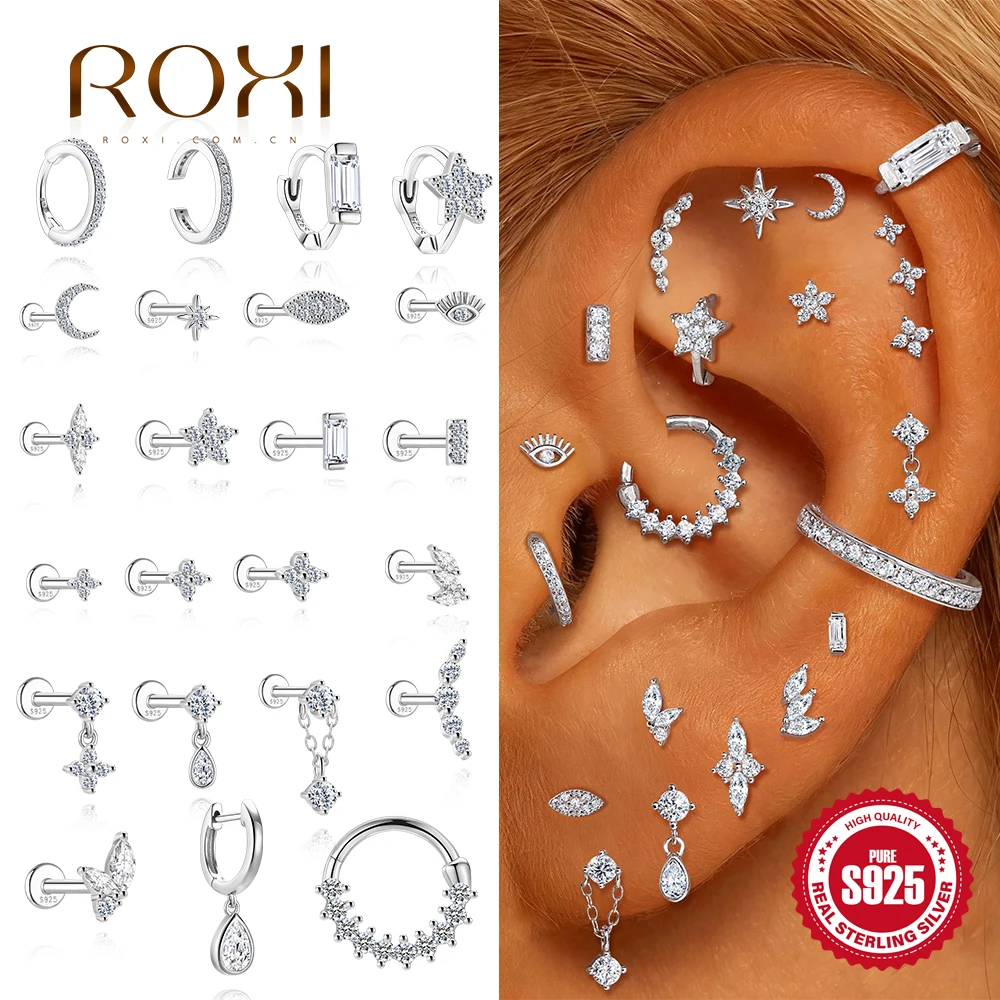 ROXI 1Pc classique géométrique Moissanite Piercing boucle d'oreille femmes 925 en argent Sterling étoile fleur tête plate boucles d'oreilles bijoux cadeaux