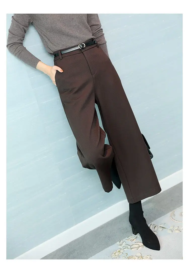 Wool Temperament BootPants Women's Autumn and Winter Wide-LegPants Slimming High WaistStraightCroppedPants CasualPants with Belt