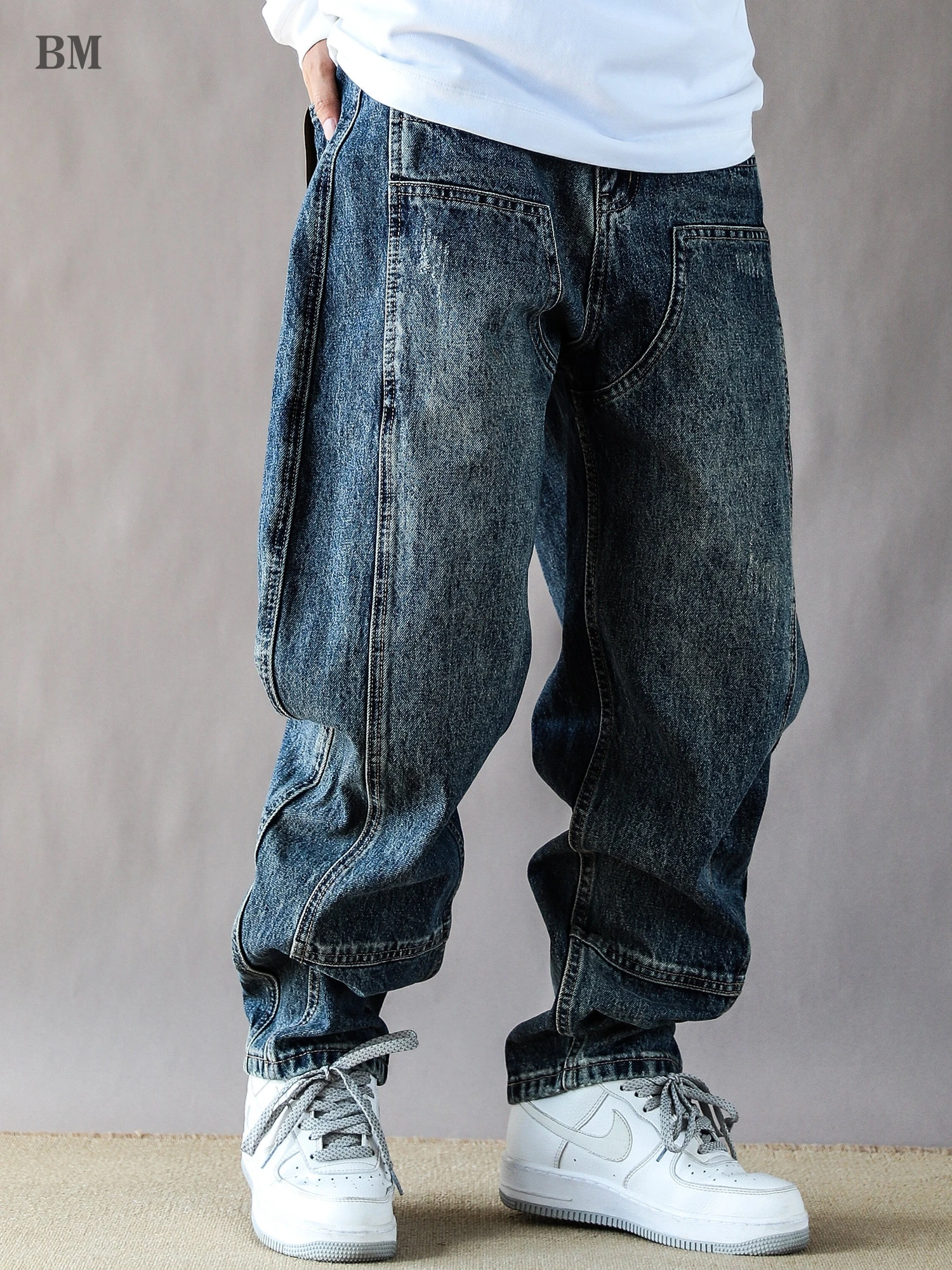 Mens Jeans Baggy 3D Pleats 14oz Logger Workwear Tapered Straight Vintage Blue Loose Trendy Premium Denim Pants Streetwear trendy