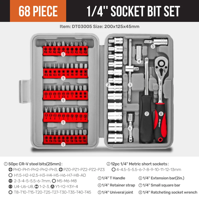 Hi-Spec 68PCS 1/4-inch Socket Wrench Set Hand Tool Sets Car Repair Tool Kit Mechanical Tools Box Socket Ratchet Screwdriver Bits