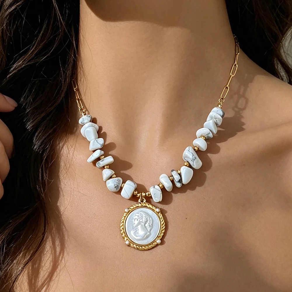 Freetry Bohemian Stainless Steel Statue Coin Pendant Necklace for Women Irregular Natural Stone Beads Choker Jewelry on the Neck