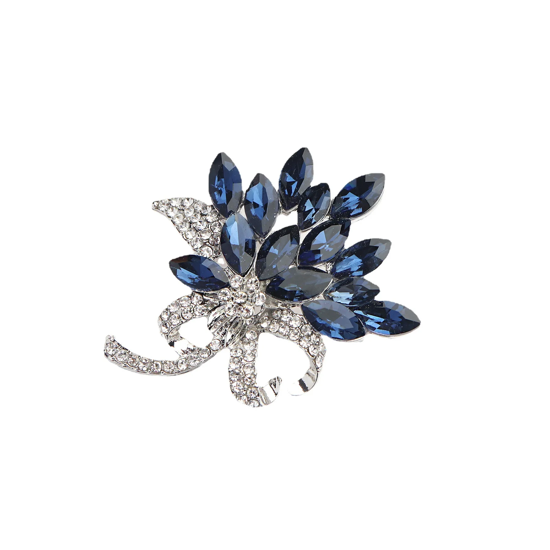 Luxury Design Blue Crystal Bouquet Brooches For Women Elegant Rhinestone Flower Brooch Clothing Pins Casual Party Jewelry Gifts