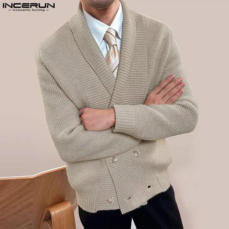 INCERUN Men Cardigan Solid Color Knitted V Neck Long Sleeve Double Breasted Casual Sweaters Streetwear 2024 Fashion Outerwear