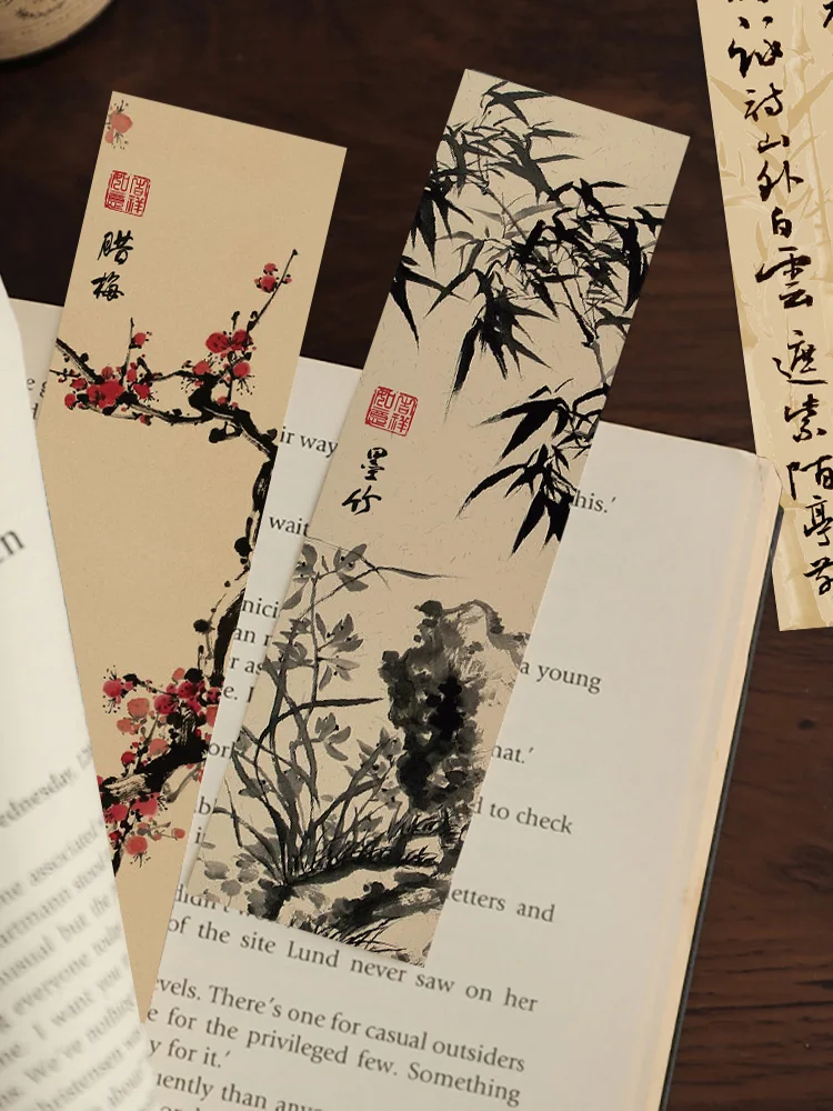 30pcs Chinese calligraphy and painting bookmarks Classical ink painting poetry decoration Reading pages Book marking page folder