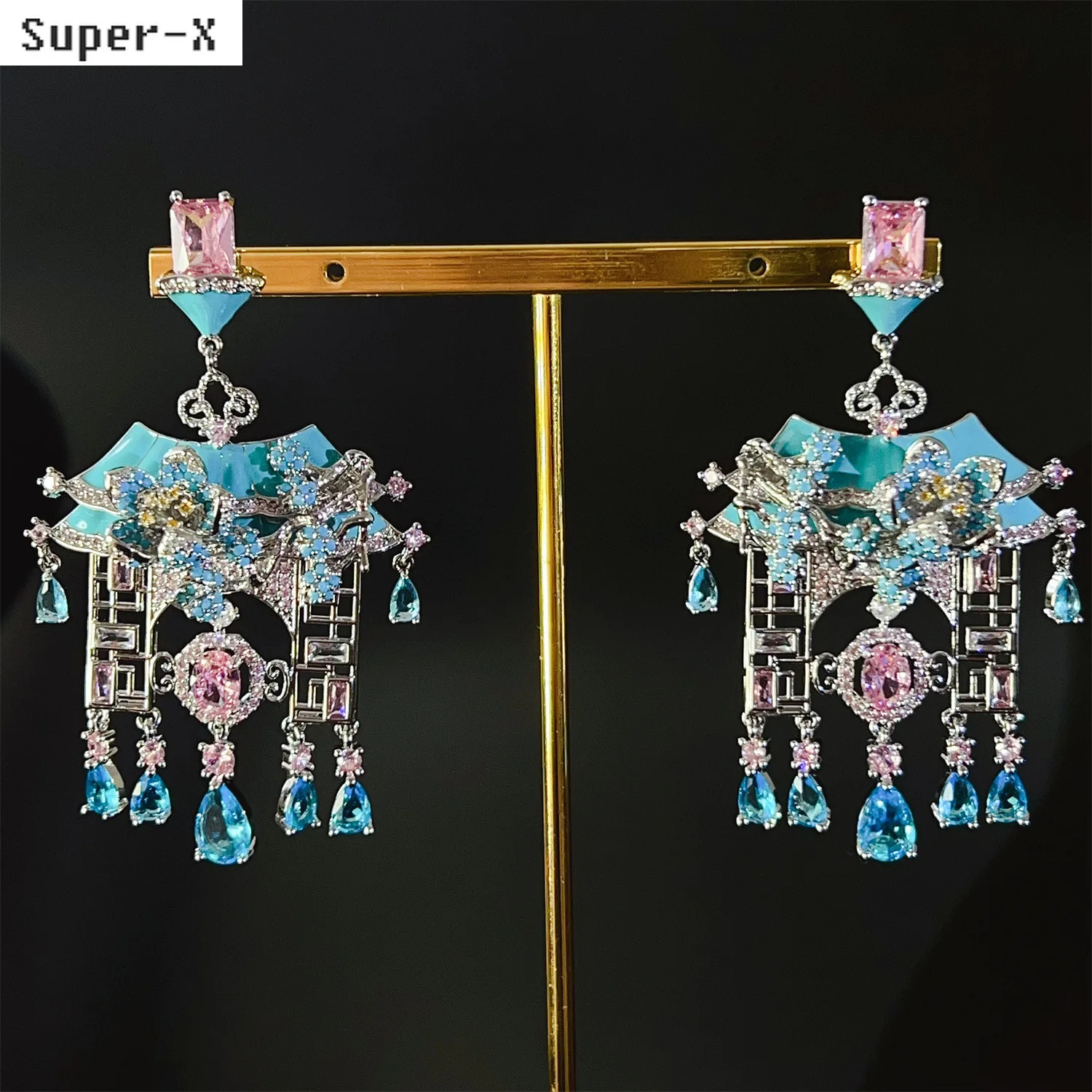 Chinese style earrings for women colorful blue yellow fushia pink zirconia large long pendant earrings gown jewelry party