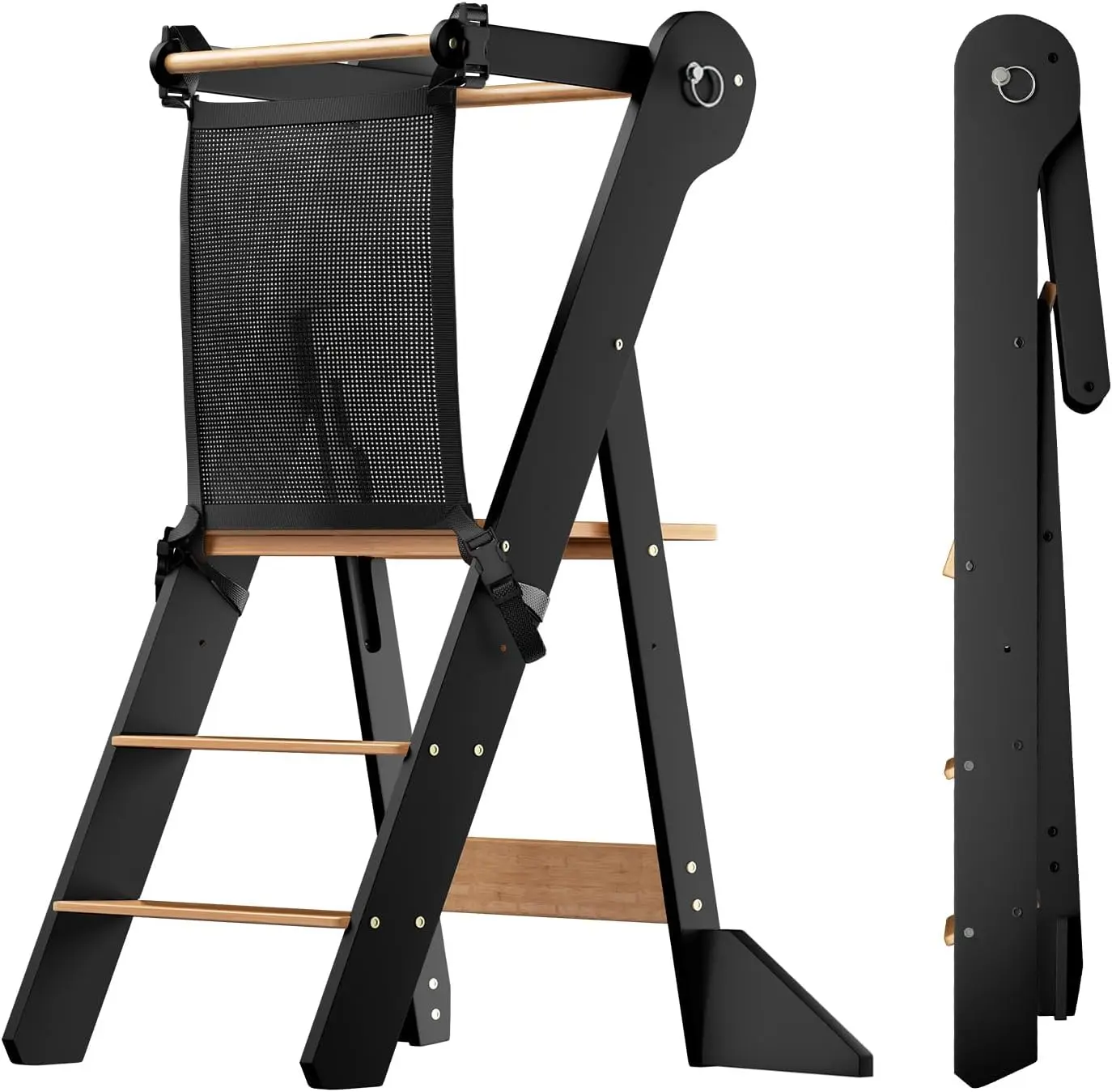 

Foldable Toddler Standing Tower - Adjustable Height Step Stool for Kids 18 Months to 6 Years, Safety Net, Natural & Charcoal