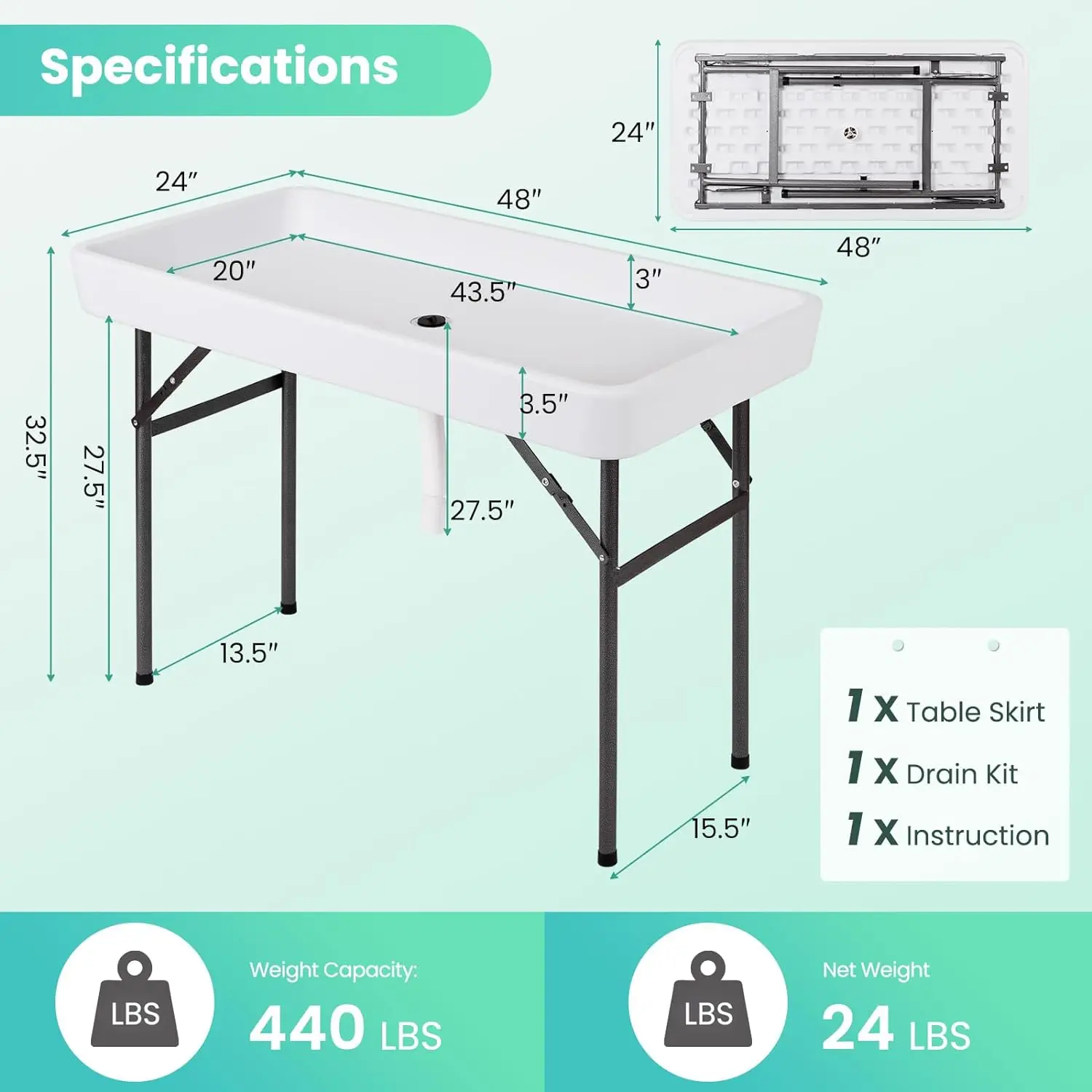 4 Foot Folding Ice Cooler Table with Drain, Portable Cooler Table Outdoor with Removable Matching Skirt, Cold Food Table