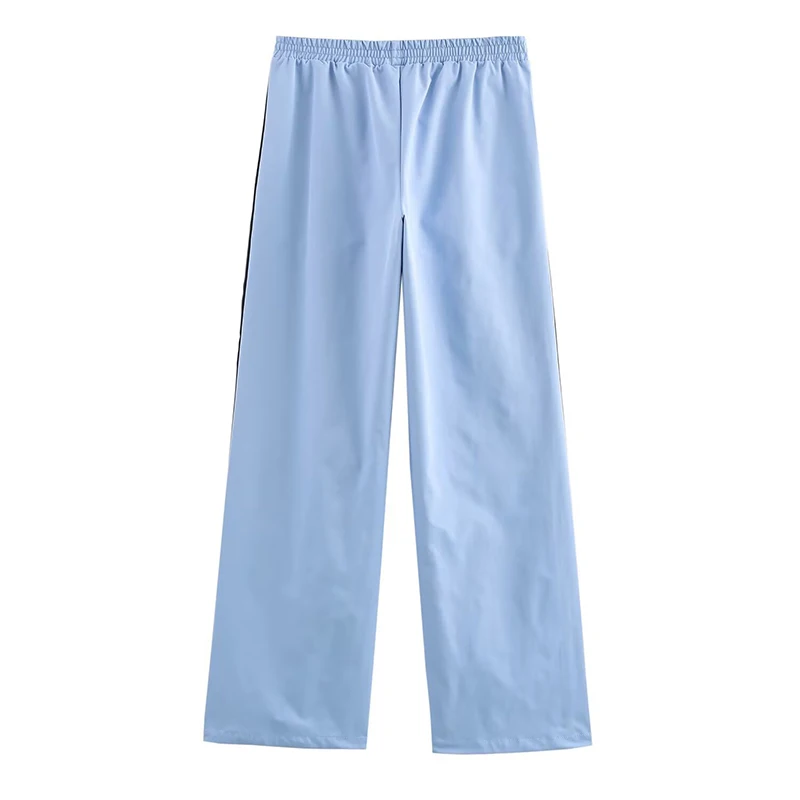 YENKYE الجانب مخطط السماء الزرقاء مستقيم السراويل للنساء ربيع الخريف مرونة عالية الخصر بناطيل كاجوال Sweatpants الإناث