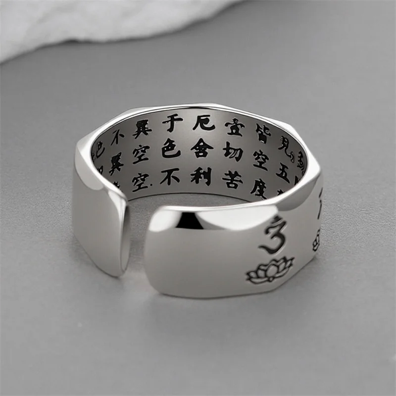 Blessing Six-Syllable Mantra Ring For Men Jewelry Ethnic Style Lotus Buddhist Sutras Ring Women Finger Accessories Adjustable
