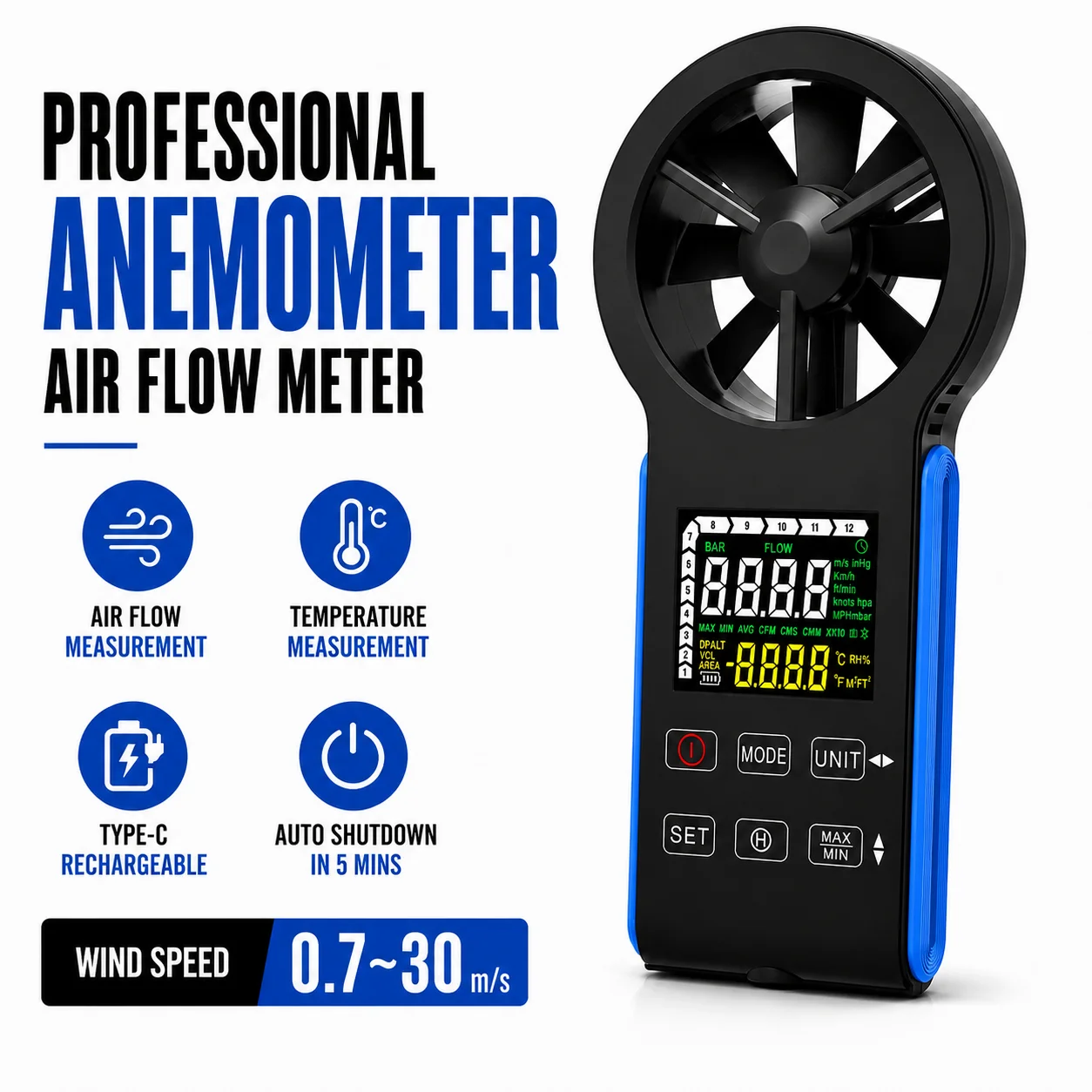 

CFM Air Flow Meter Anemometer Handheld, Wind Speed Checker HVAC Gauge Measuring 0~999900 CMS/CMM/CFM, Temp, Air Speed with MAX