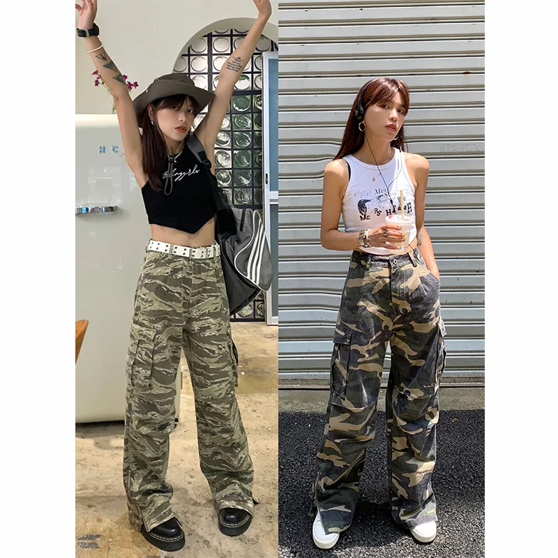 

Женские повседневные брюки NIDEBLACK в корейском стиле, летние, новые, с разрезами, прямые, в пол, камуфляжные, рабочие, широкие штанины
