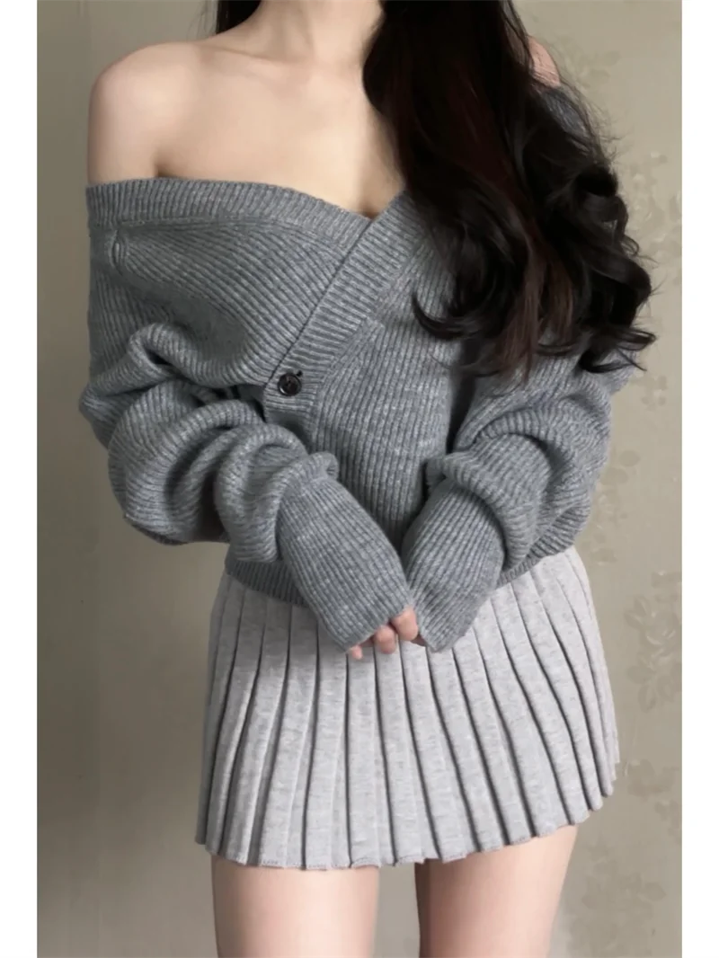 

Шерстяной свитер Ele ey с перекрестным V-образным вырезом на плечах, сексуальный уличный стиль, длинный вязаный свитер для осени