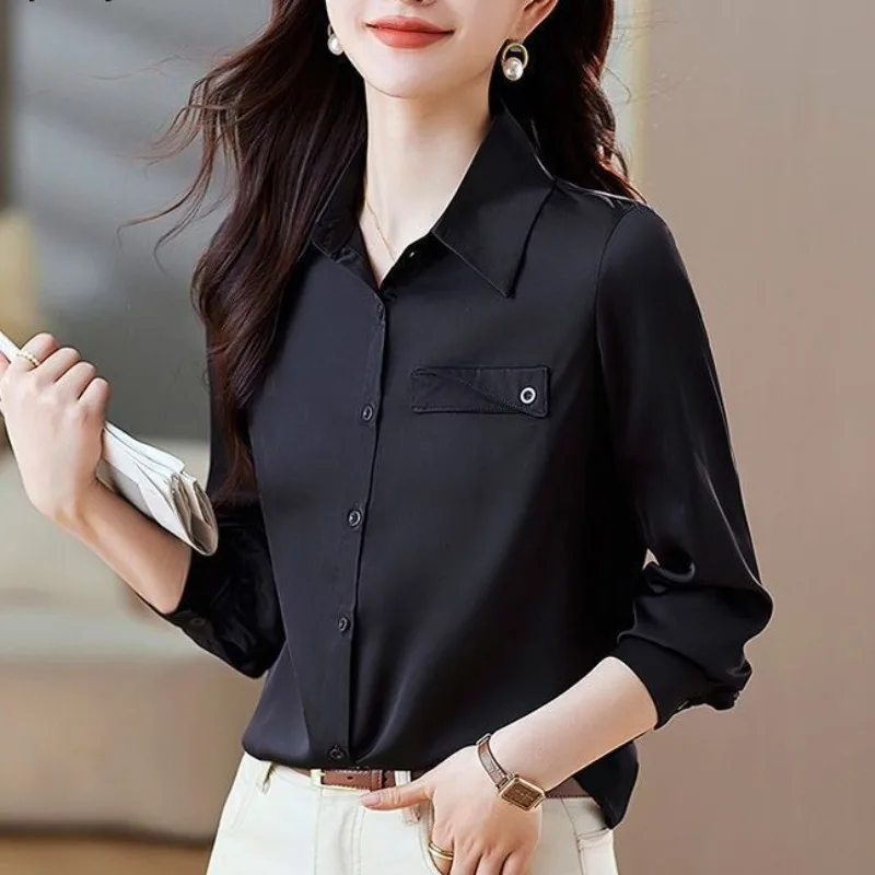 Turn-down Collar Chiffon Solid Color Button Pockets Lantern Long Sleeve Women\'s Clothing Shirt Comfortable Spring Autumn Tops