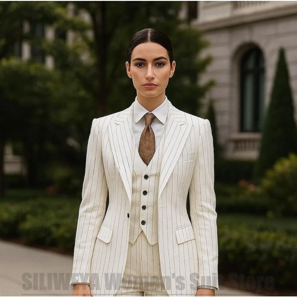 

White Striped Women Suit 3 Piece Chic Peak Lapel One Button Blazer Vest Pants Formal Office Business Wedding Party Wear