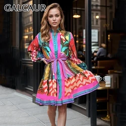 GALCAUR Colorblock Print Dress Women Stand Collar Long Puff Sleeve High Wiast Spliced Lace Up Knee Length Dresses Female Autumn