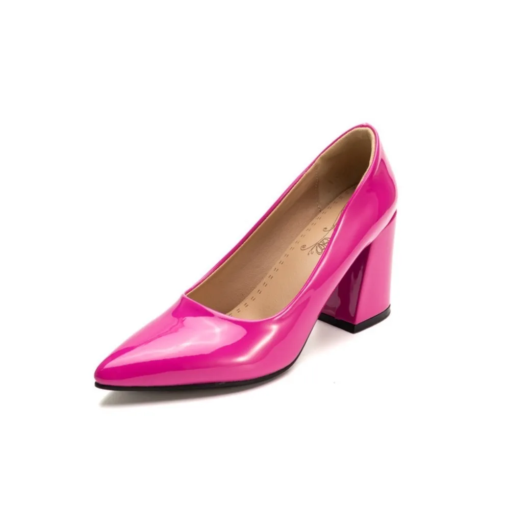 

Block High Heels Women Multicolored Classic Patent Leather Pointed Super Big Size 53 54 Party Dress Wedding Shoes Bride M-438