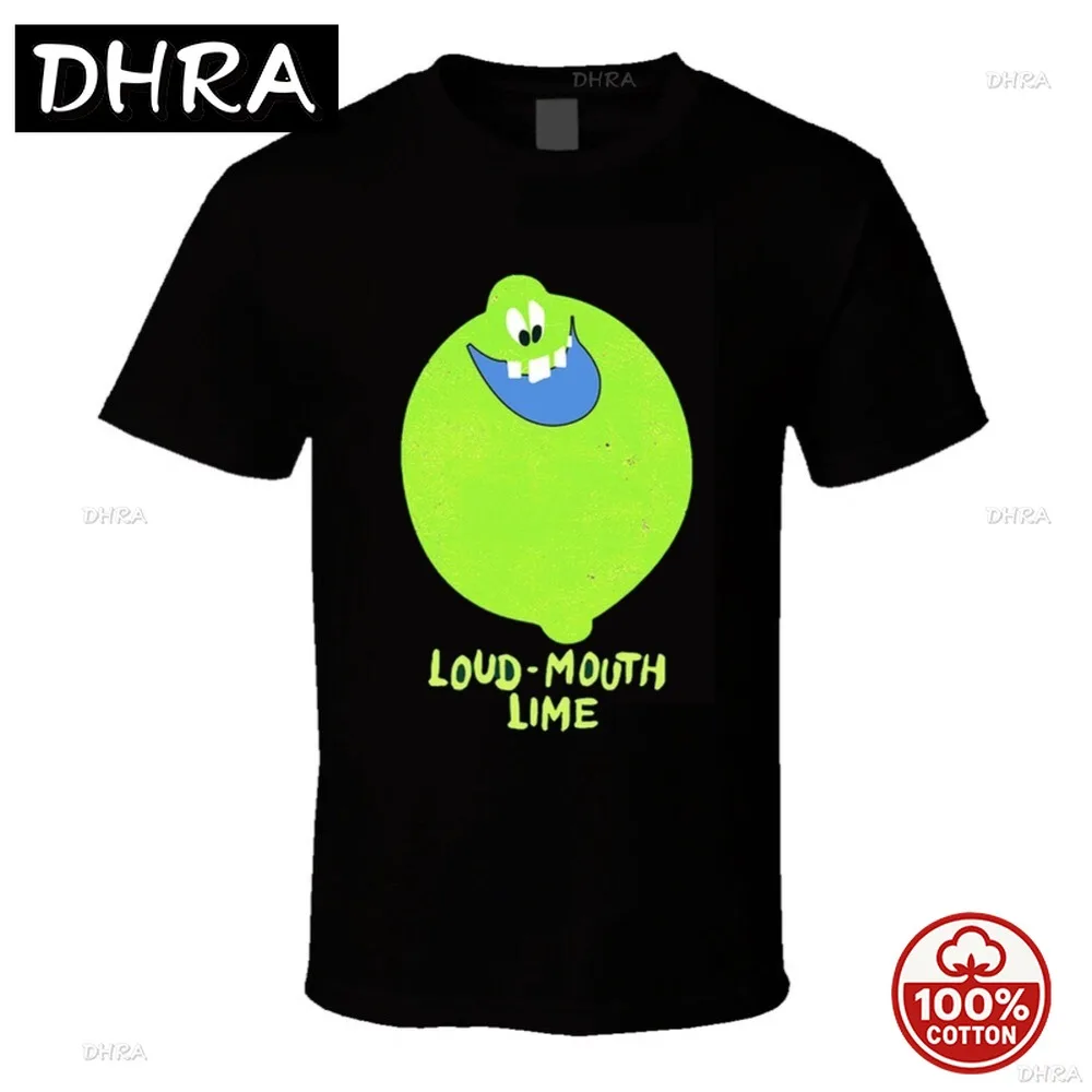 Camiseta de algodón con estampado gráfico de personajes de dibujos animados de frutas (limón, uva, lima) con caras divertidas y diseño vintage para hombre