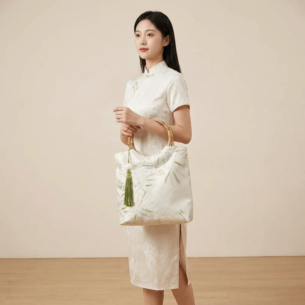 Imitation Bamboo Node New Chinese Style Handbag Printed Resin Hanfu Bucket Bag Tassel Bamboo Leaf Tote Bag Cheongsam Accessories