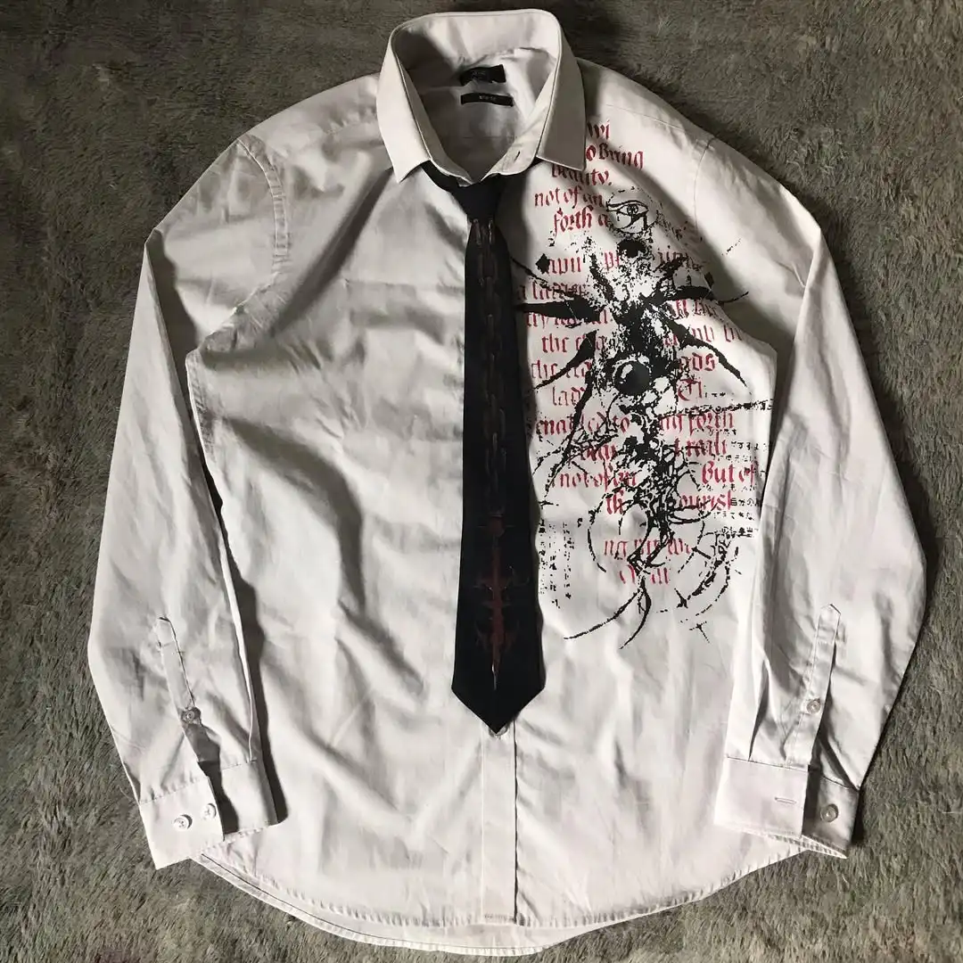 

Y2K Gothic Style Long Sleeves Shirt Affliction Harajuku Retro V-neck Shirt Men Skull Scripture Printing Tee Fashion Cotton Tops
