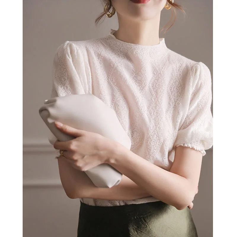 

Lace Bubble Sve Knitted Top f High Collar Embroidered Loose Fit Women's Summer Faion Commute Sle round Ne ort S...