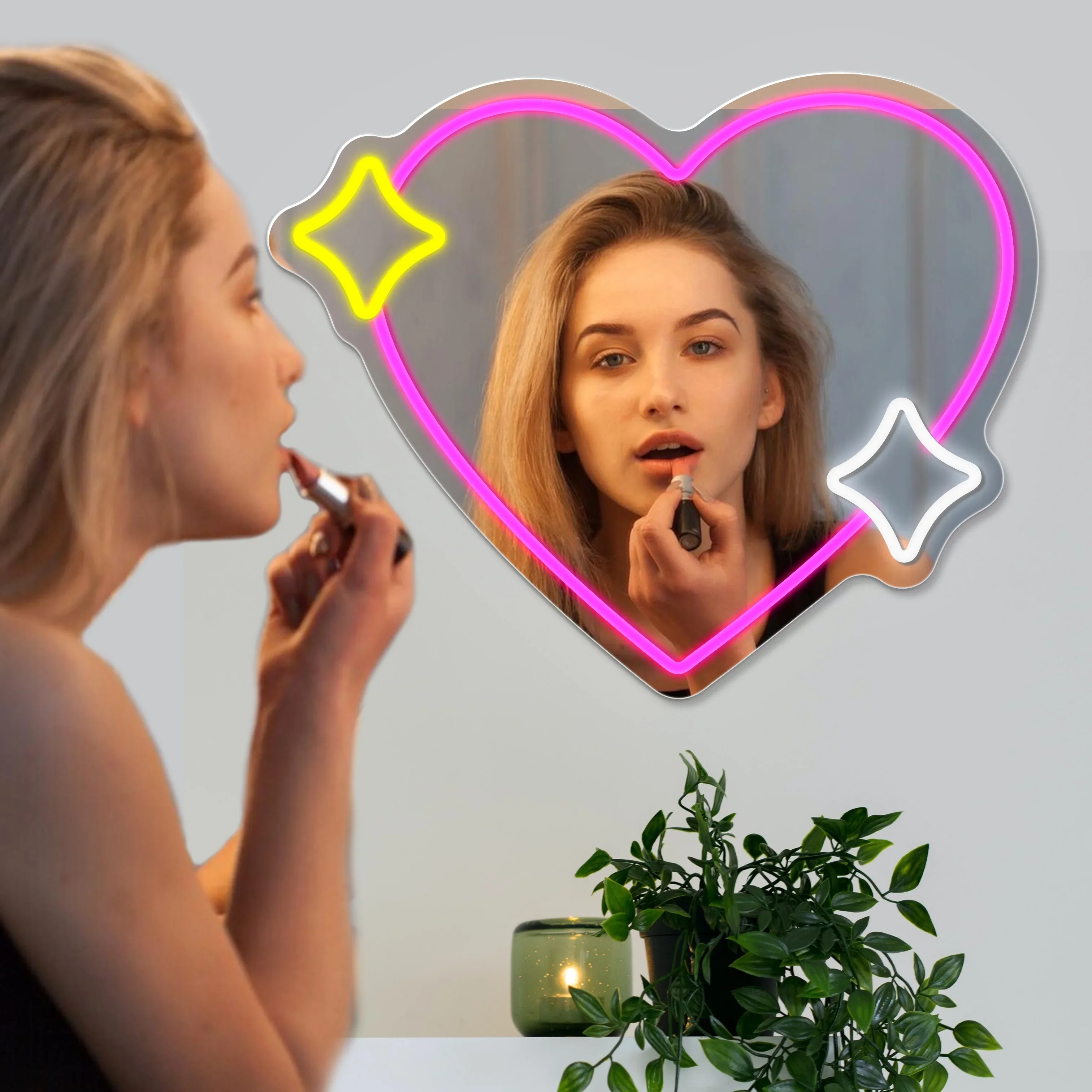 Pink Heart Shape Makeup Mirror with Flashing LED Neon Lights USB Dimmable for Dressing Table Bedroom Instagram Photo Decor