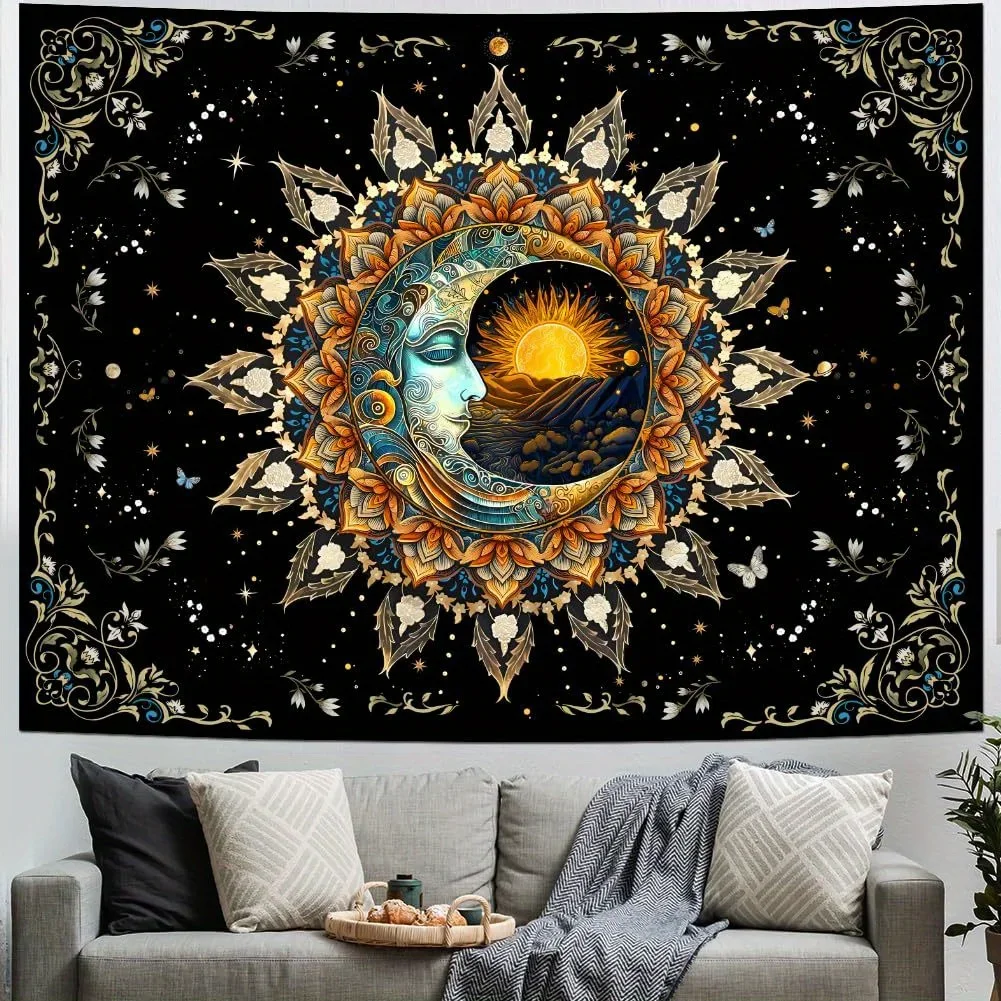 Moon and Sun Spiritual Mandala Tapestry Vintage Wall Hanging Decor with Black Floral Celestial Pattern