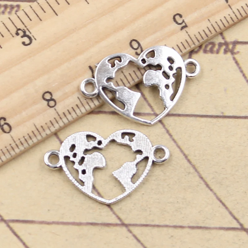 20pcs Charms Heart Earth Map Link 15x24mm Tibetan Silver Color Pendants Antique Jewelry Making DIY Handmade Craft