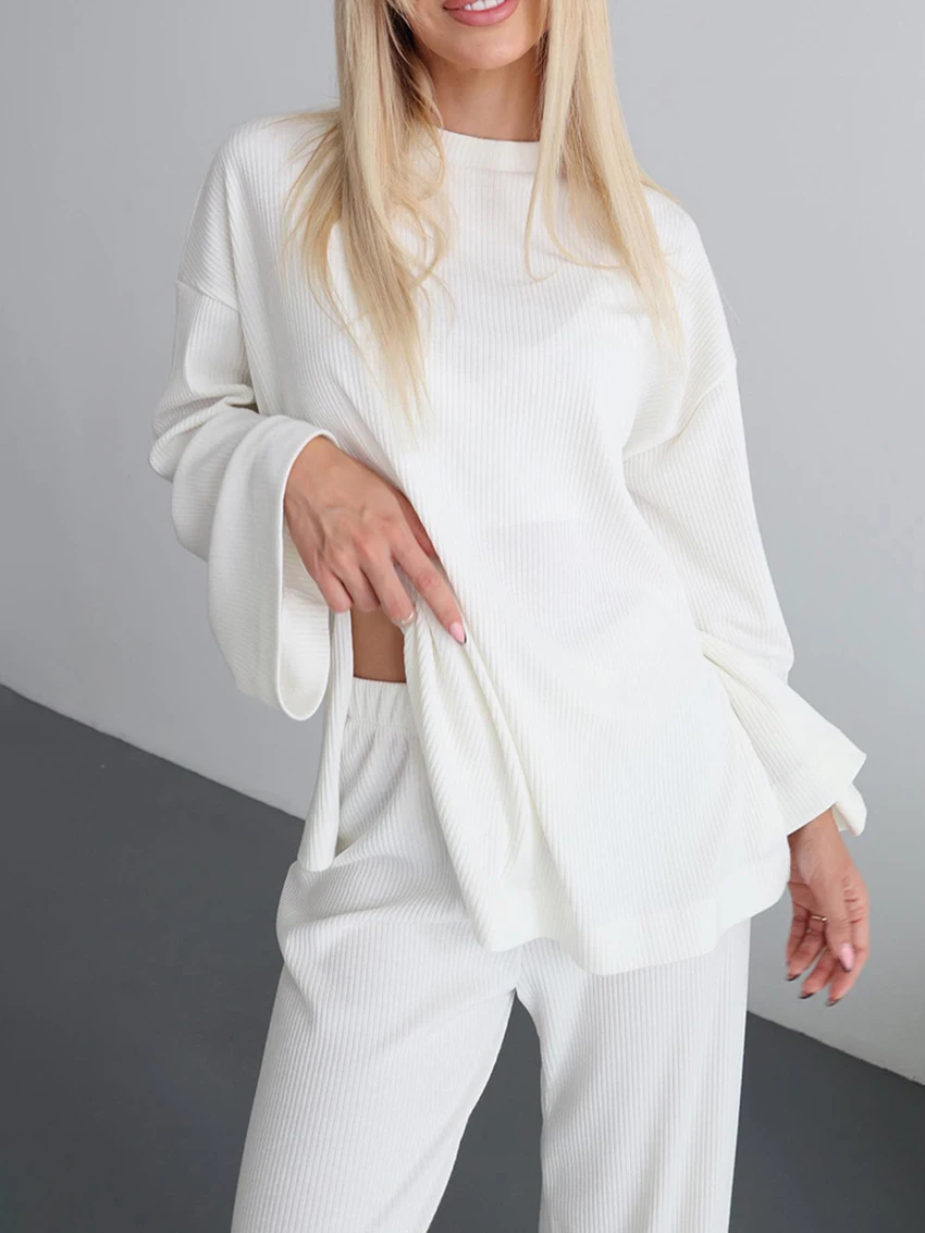 Marthaqiqi Autumn Causal Ladies Home Clothes O-Neck Sleepwear Long Sleeve Nightwear Wide Leg Pants Loose Nightgowns 2 Piece Set