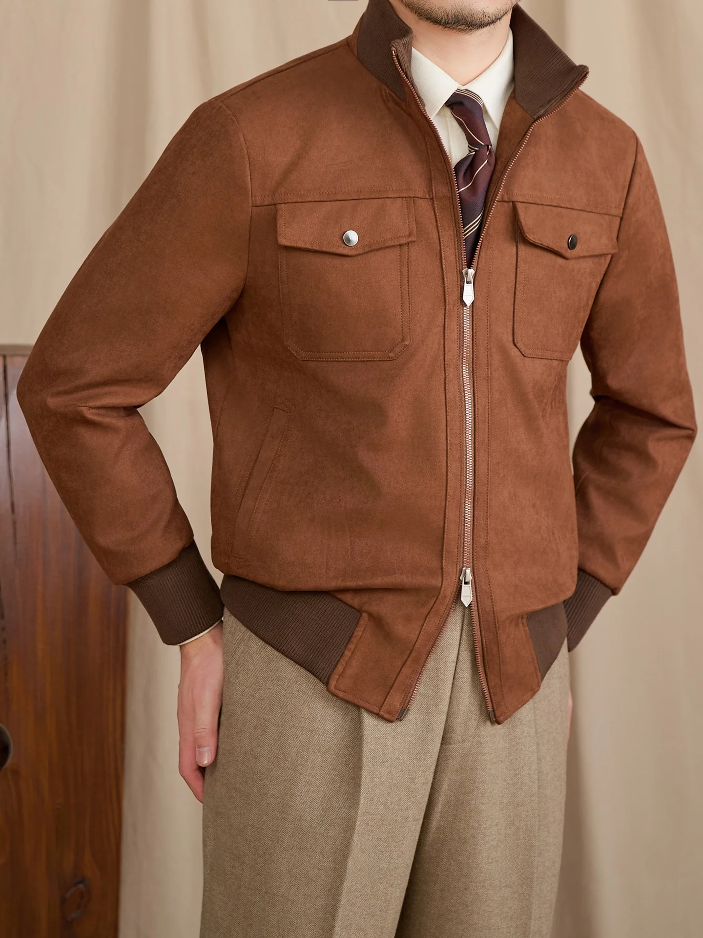 

Мужская повседневная куртка из стеганой замши с воротником-стойкой для осени и зимы, дышащая, из улучшенного полиэстера...