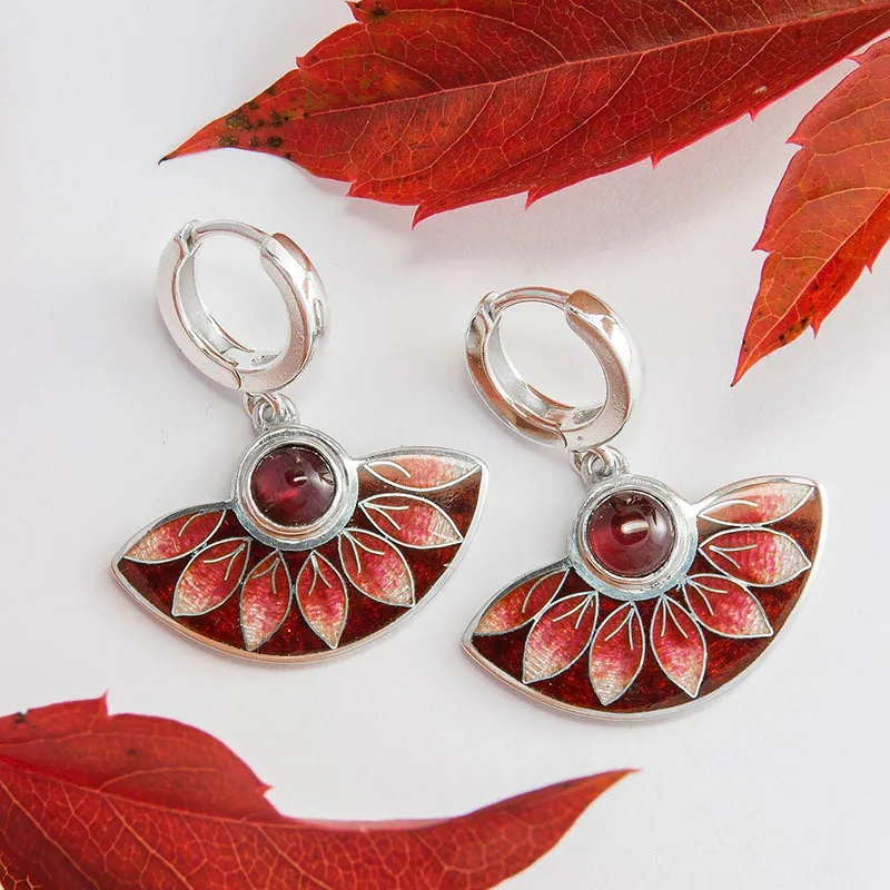 Fan-shaped Enamel Maple Leaf Red Flower Charm Mom Earrings European Retro Handmade for Women