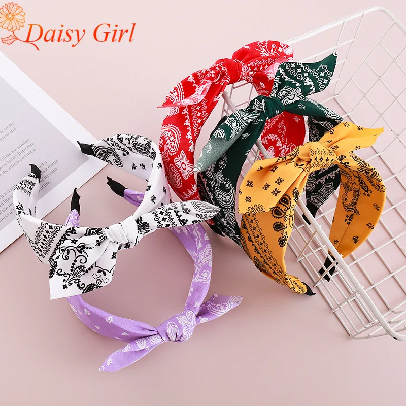 New Cashew Flower Rabbit Ears Wide Hair Hoop Women's Fashion Printed Pressed  Hairband Knotted Fabric Hair Accessories