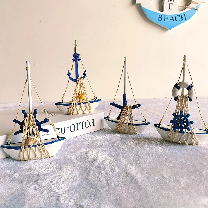 1PC Mini Wooden Sailboat Decorative Ropes and Anchors,Mediterranean-style Commemorative Gift for The Owner's Home Office Desktop