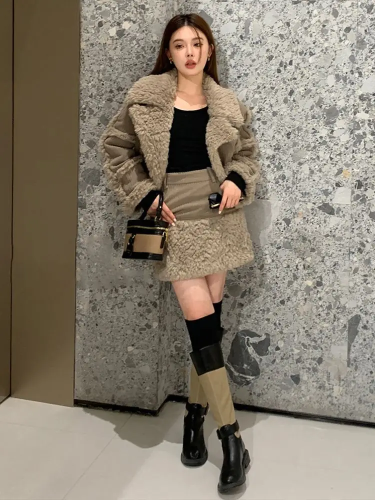 MiiiiX Retro Fashion Suits Plush Splicing Furry Coat Thicken Jacket High Waist Short A-line Skirt Winter Women's Two-piece Set