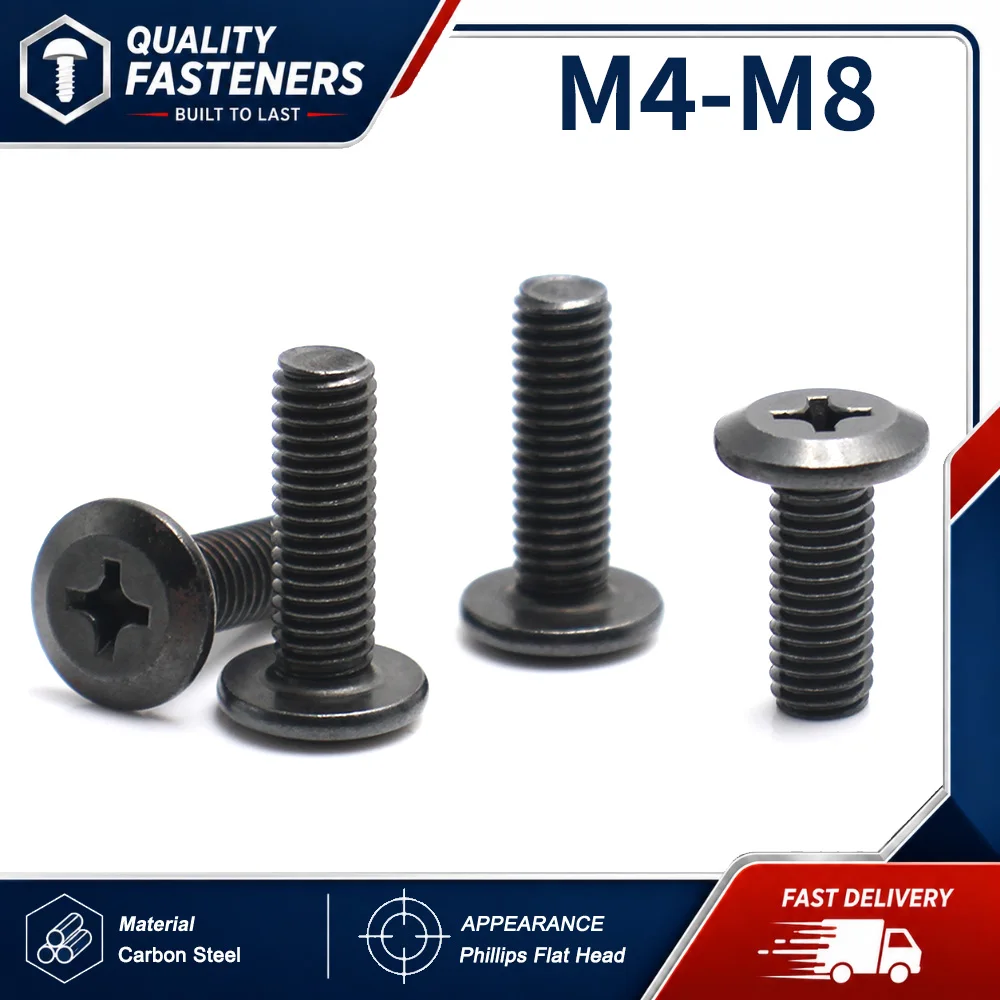 Black Carbon Steel Phillips Truss Head Machine Screws Chamfered Large Flat Head Furniture Connector Bolts M4-M8