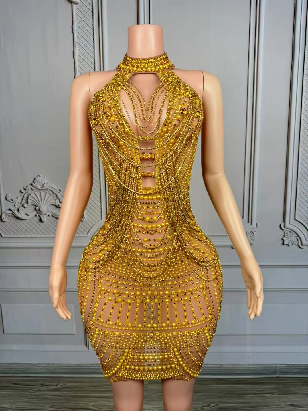 

Pearl Chain Rhinestones Long Dress WomenSexy Mesh Dress Singer Stage Wear WeddingBirthday Drag Queen Photoshoot Dress D201