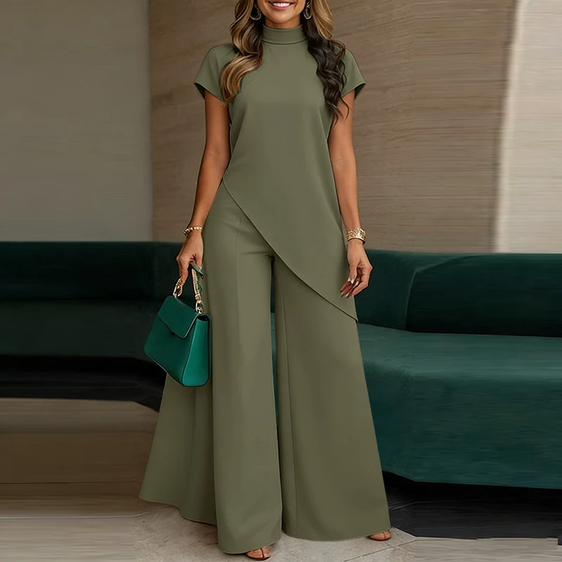 Stilvolle Sommer-Zweiteiler-Sets von ZANZEA für Damen: Oberteile mit Stehkragen, Kurzen Ärmeln und Unregelmäßigem Saum, Weite Hosen, Elegante Büro-Outfits – Detail 6