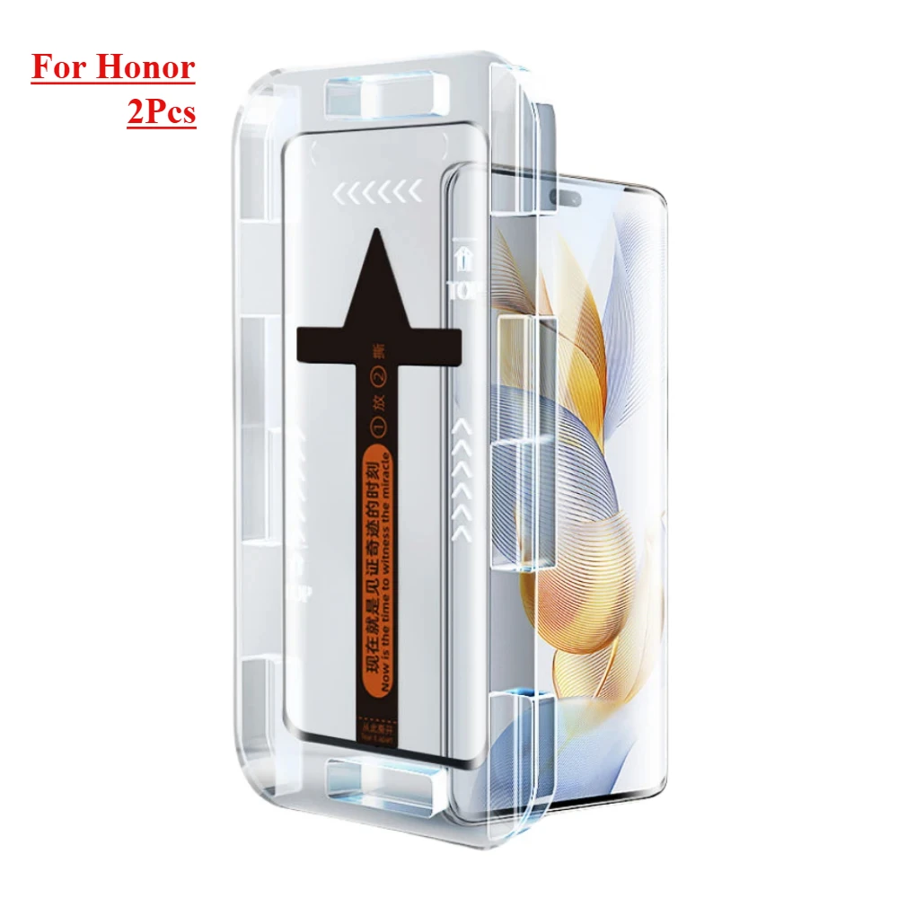 

2Pcs Easy Install Tempered Glass For Honor 300 200 100 90 X9b X9a 60 60SE 70 Edge Glue HD Premium Screen Protector Film Glass