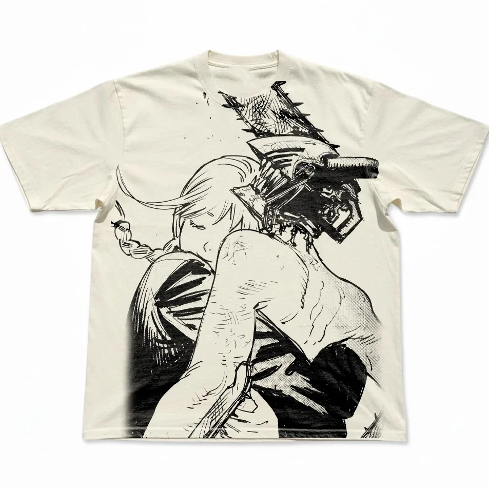 Makima and Chainsaw Man Vintage Manga Panel Graphic T-Shirt Cotton Men Women Streetwear Tee