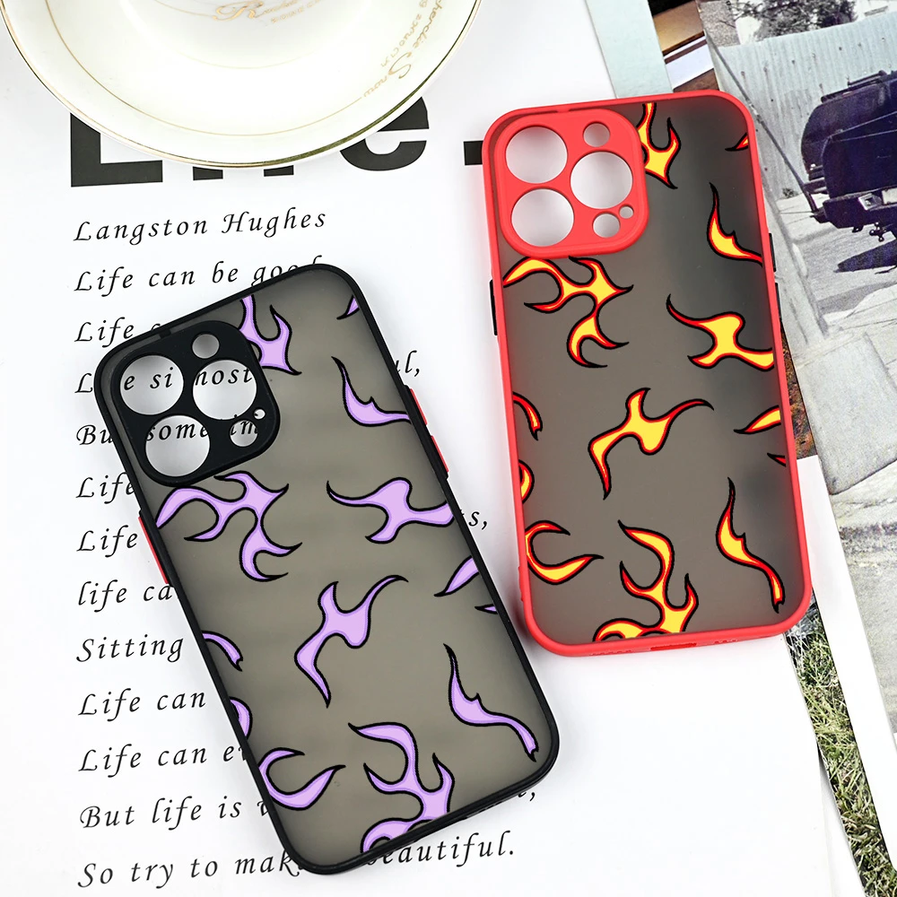 Matte Flames Phone Case For Apple iPhone 11 13 Pro Max 12 mini 7 XS XR SE2 8 6Plus Pink Fire Print Silicone Hard Cover Fundas