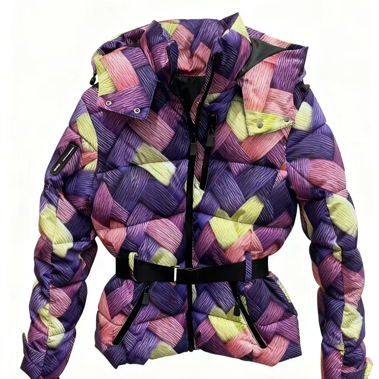 

Winter Fashion Stand Collar Belted Colorful Warm Ski Cotton Coat Loose Quilted Zipper Parka Women's Patchwork Jacket
