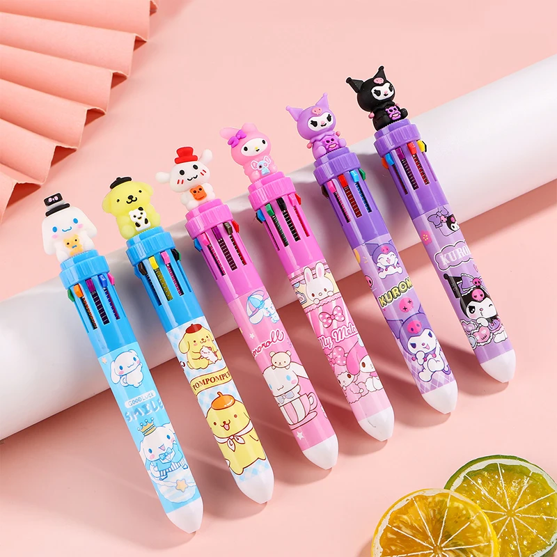 Sanrio Cartoon Ballpoint Pen Kuromi Melody Cinnamoroll Pudding 10 Colored 0.7 School Student Stationery Drawing Writing Mark Pen