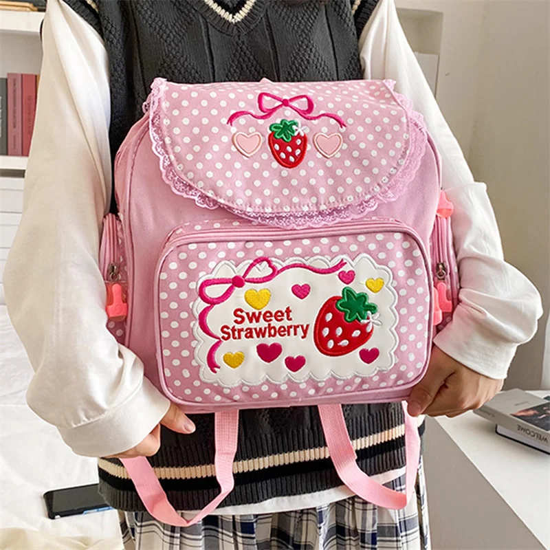 Japanese Schlool Bags Backpack Kids Cute Soft Girl Sweet Lovely Embroidered Fruit Strawberry Lace Girl Student Schoolbag Girl