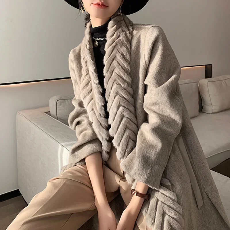 Women's Elegant Autumn Winter Wool Coats Fashion Streetwear Long Trench Coat Cashmere Real Mink Fur Collar ZY5084