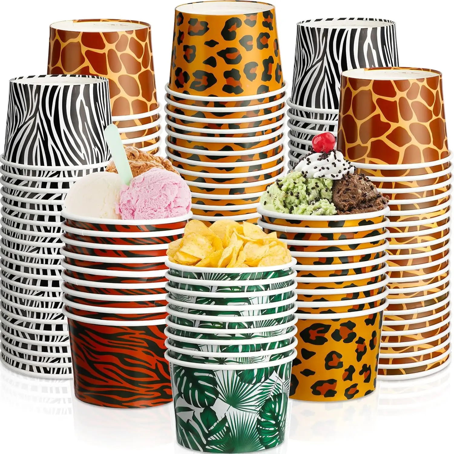

9 oz Paper Ice Cream Cups Disposable Dessert Bowls Jungle Animal Theme Ice Cream Bowls Zoo Animal Print Snack Cups for B