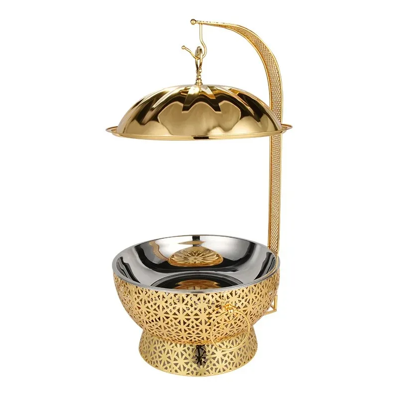 

Source Stainless Steel Buffet Furnace Golden Lace Hanging Cover Insulation Furnace Hotel Restaurant Round Buffy Furnace